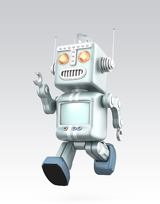 Cute vintage robot running.  Isolated on gray background