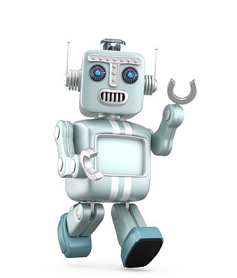 Cute red vintage robot walking and raise right hand