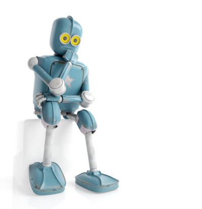 retro robot thinks sitting on the cube, artificial intelligence, ai. 3D rendering.