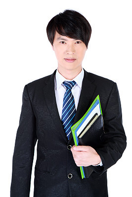 Frontal view of young Asian business man on white background