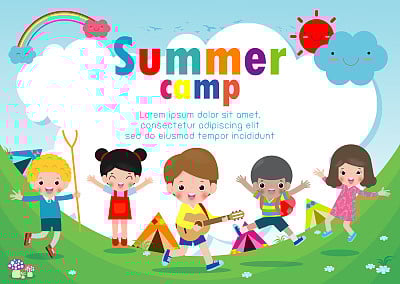 kids summer camp education Template for advertising brochure, children doing activities on camping , poster flyer template, your text ,Vector Illustration