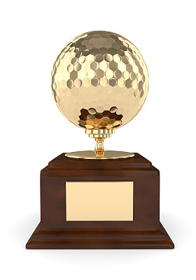 3d render of trophy with gold golf ball over white