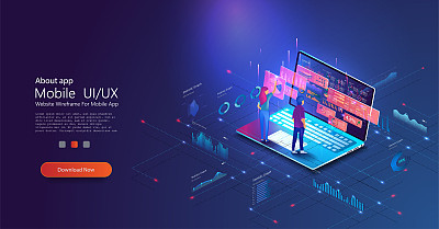 People work and interacting with graphs. Application of laptop with business graph and analytics data on isometric laptop and okr. Website header images on blue background.Vector