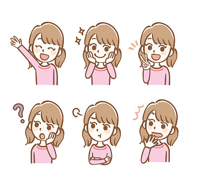 Facial expression illustrations set of girl