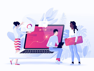 People build a dashboard and interact with graphs. Data analysis, and office situations. Vector illustration