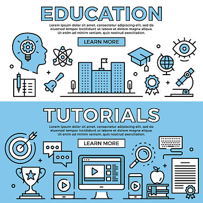 Education, tutorials concepts. Flat design line banners set. Modern graphic elements, thin line icons. Premium quality. Vector illustration