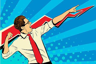 Business success businessman showing the top of the chart and screaming with joy. Retro style pop art. White adult male Caucasian