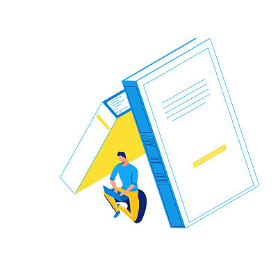 Man working on laptop under books, library isometric concept, learning people, 3d student isolated reading, learn lesson, school, college pupil, blue, yellow, modern creative character