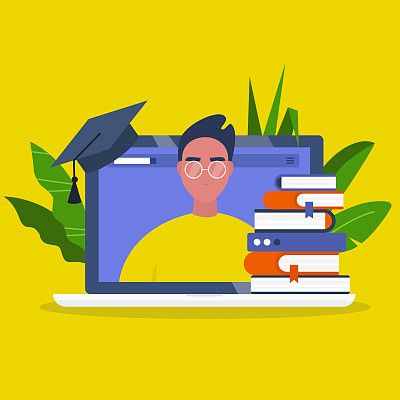 Online education. Webinar. Laptop screen, a stack of books and a graduation cap. Young male character portrait. Flat editable vector illustration, clip art