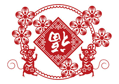 Chinese New Year decoration. Wall decoration of the zodiac. Mouse wall decoration for Chinese New Year. Illustration of a mouse for the Chinese New Year. (Translation:Fortune and happiness)