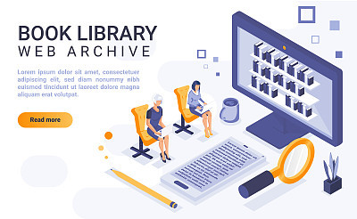 Book library landing page vector template with isometric illustration