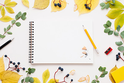 Sketchbook with pencil in autumn leaves frame