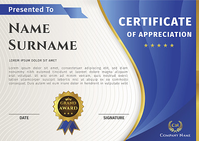 Vector certificate template with blue and gold elements and badge
