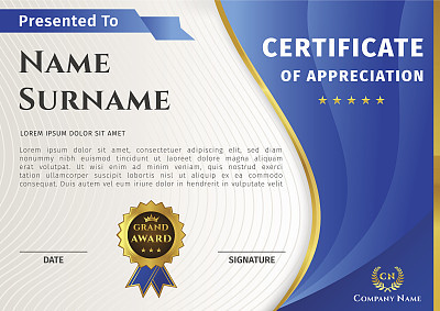 Vector certificate template with blue and gold elements and badge
