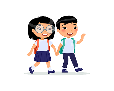 Couple pupils in uniform holding hands isolated cartoon character