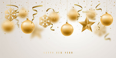 Vector banner with golden christmas decorative baubles and snowflakes. Happy New Year and Merry Christmas stock illustration.