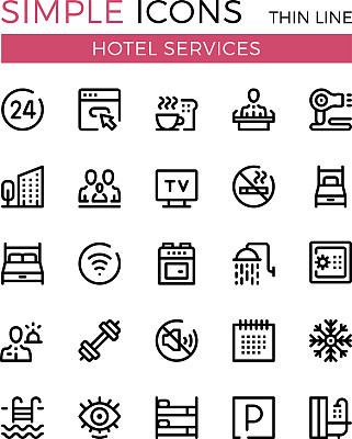 Hotel services and hotel facilities vector thin line icons set. Booking concepts. 32x32 px. Modern line graphic design concepts for websites, web design, etc. Pixel perfect vector outline icons set