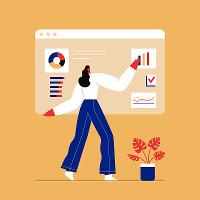 Woman interacting with charts and analysing statistics. Customer tracking software, data visualisation. Flat vector illustration.