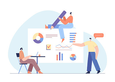 People interacting with charts and analysing statistics. Customer tracking software, data visualisation. Online survey concept. Flat vector illustration.