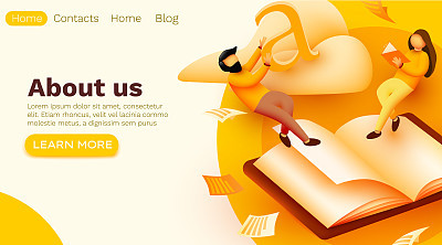 Small reading people flying above book. Education concept. School or university students. Website template.