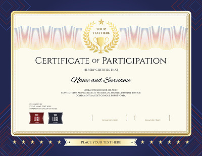 Modern certificate of participation template with colorful wave watermark