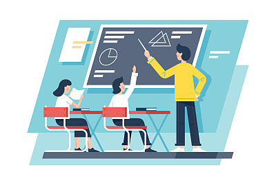 Flat child with teacher characters learning maths, geometry.