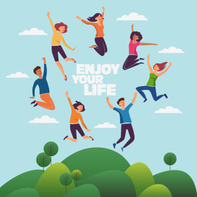 Young, smiling people jumping over green landscape