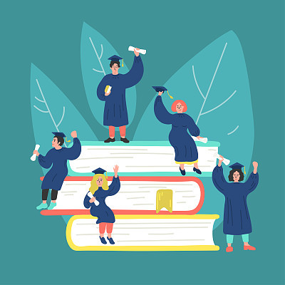 Group of tiny graduated students on stack of books.