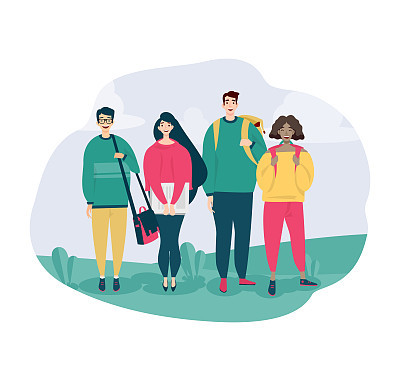 Vector illustration. Multinational group of students.