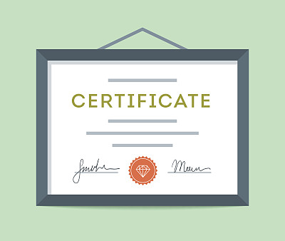 Flat design framed certificate hanging on the wall