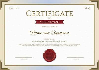 Certificate of achievement template in vector gold and red theme