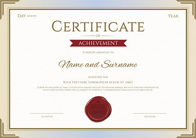 Certificate of achievement template in vector gold and red theme