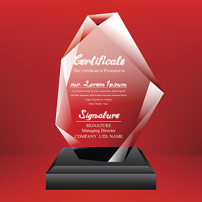 Crystal trophy certificate design template on red background