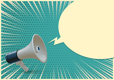 Blue and white realistic megaphone and blank speech bubble isolated on azure pop art background. Vector 3d bullhorn illustration.