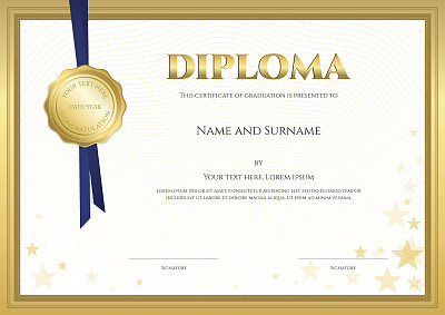 Elegant diploma certificate template forcompletion with gold border