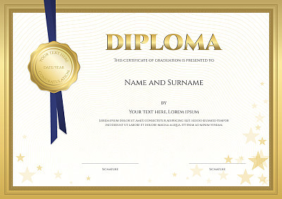 Elegant diploma certificate template forcompletion with gold border