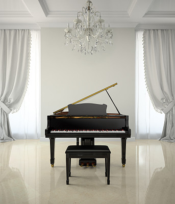 Room in classic style with piano and chandlier 3D rendering