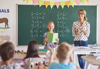 Girl student with clapping teacher