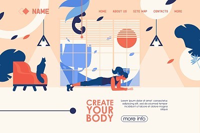 Vector concept banner for home training or garage gym in flat style with woman doing plank exercise. Bright landing page template in blue and orange colors. Large window, cat on chair.