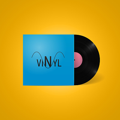 Vintage vinyl record in a blue paper case Retro vector illustration on yellow background