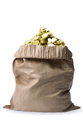 Isolated shot of a bag full of gold coins on white background