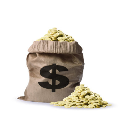 Isolated shot of money bag with lots of gold coins on white background