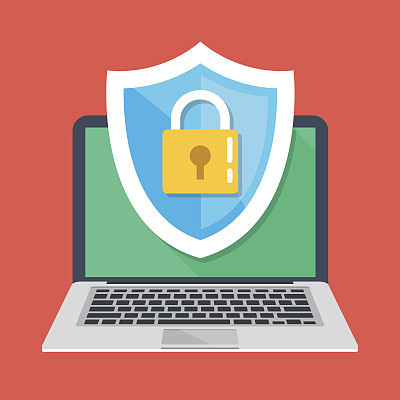 Computer security, protect laptop. Notebook and shield icon with padlock