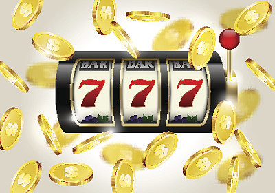 Slot machine with lucky seven and falling golden coins background. Winner casino