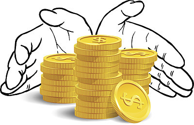 Hand drawn hands with golden coins. Vector banking or casino concept.