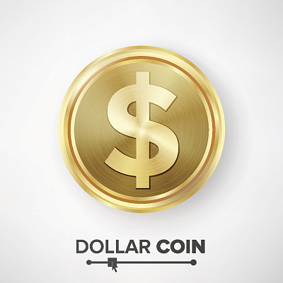 Dollar Gold Coin Vector. Realistic Money Sign Illustration