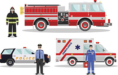 Emergency concept. Detailed illustration of firefighter, doctor, policeman with fire truck, ambulance and police car in flat style on white background. Vector illustration