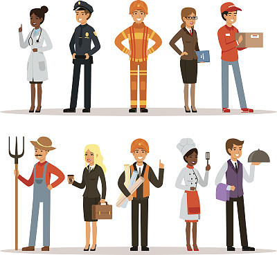 People group in different professions. Fireman, doctor and teacher. Builder, policeman and courier. Vector characters in action poses