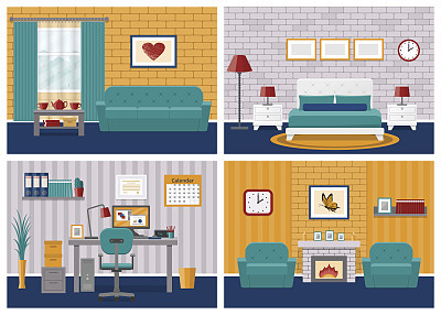 Set of rooms interiors in flat design. Vector illustration.