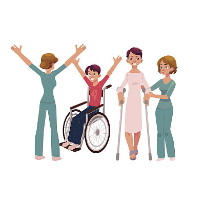 Medical rehabilitation, crunches and wheelchair